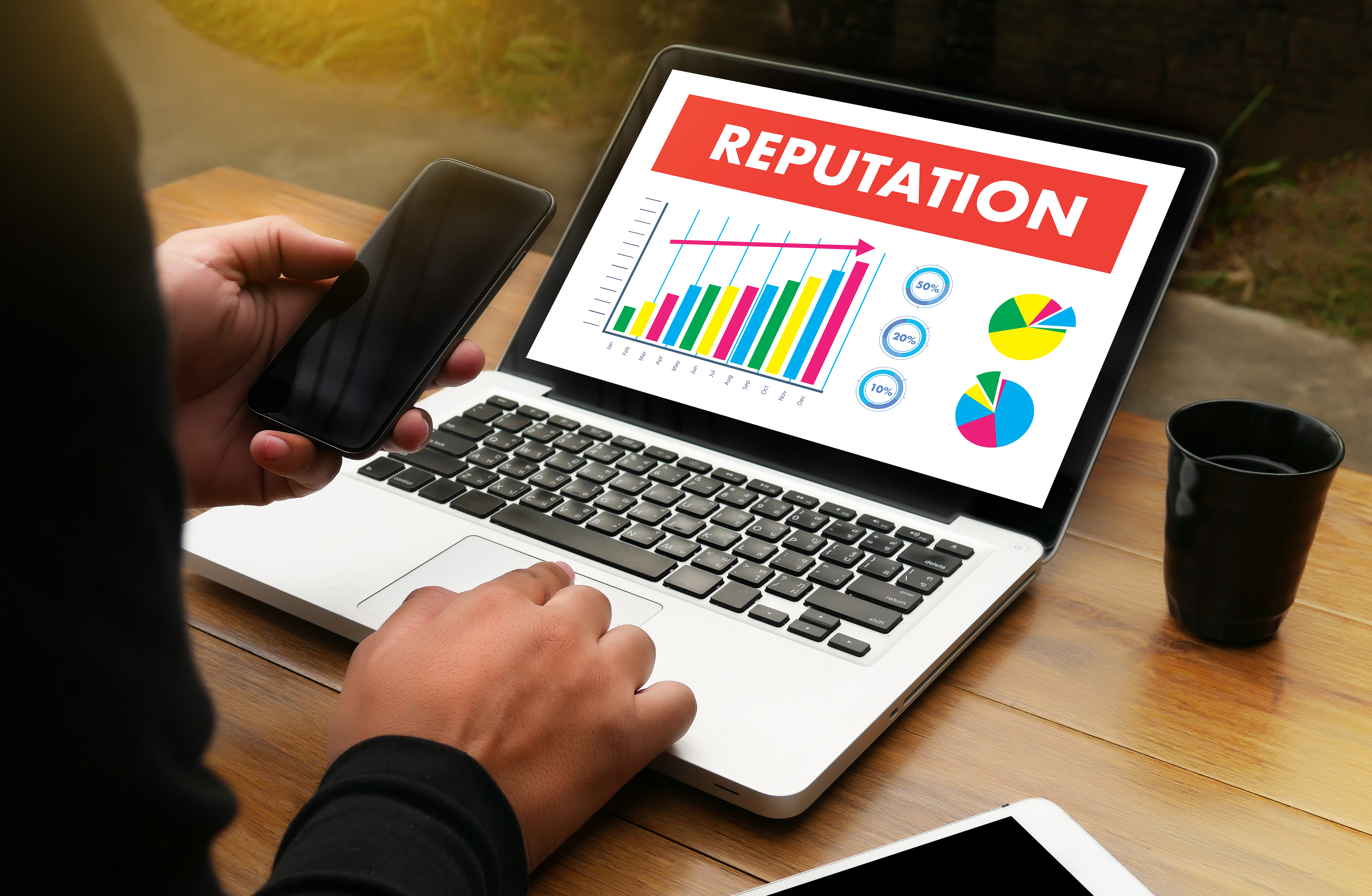 This image illustrates a person viewing a slide with the title 'Reputation' 
                which depicts the idea businesses need to be vigilant of customer reviews.